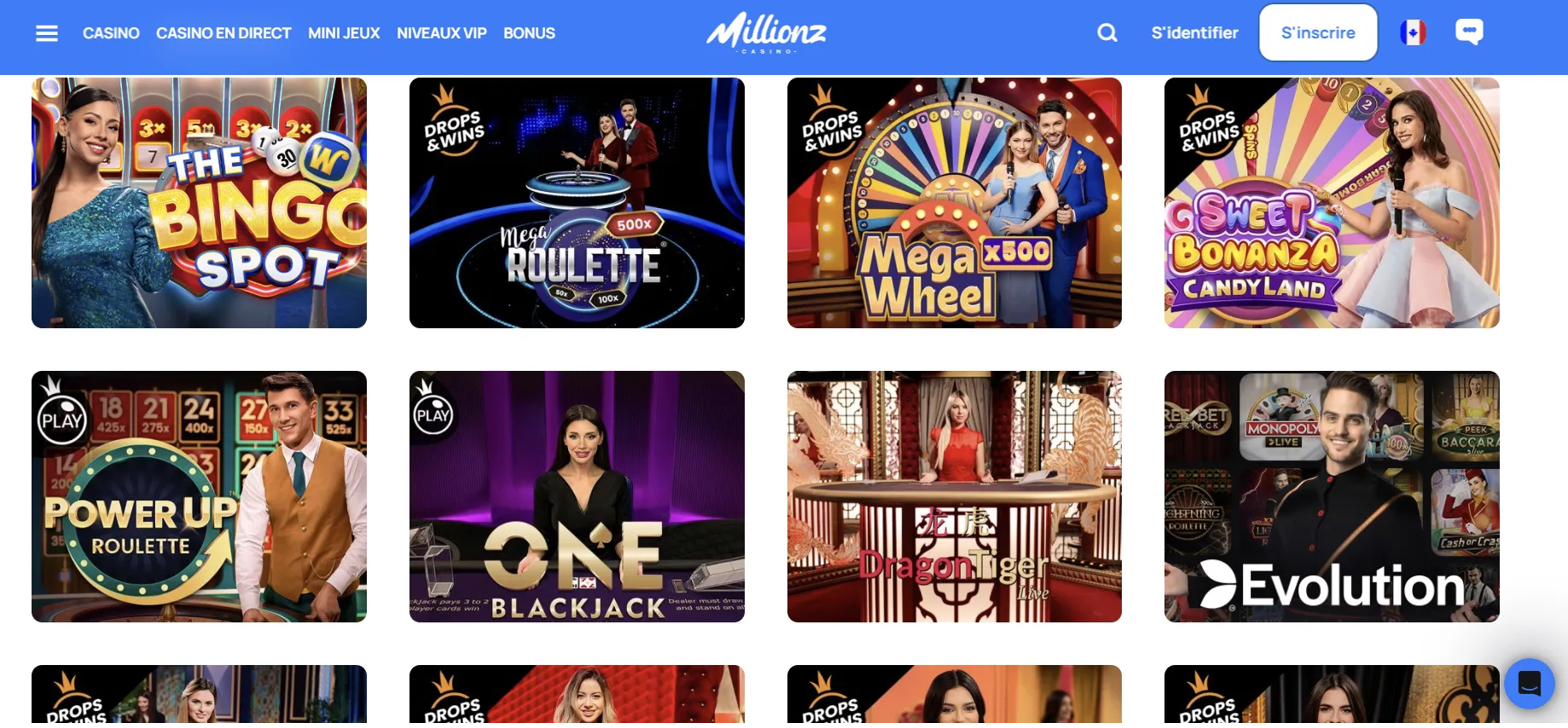 Grille des tables du casino en direct de Millionz Casino avec badges Drops and Wins